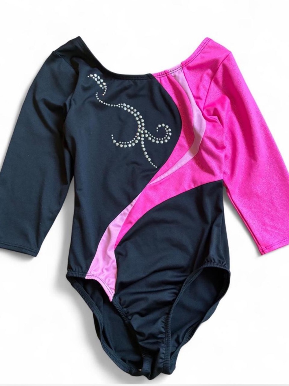 Danskin freestyle Black and Hot Pink Gymnastics Leotard Rhinestones shimmer 7/8